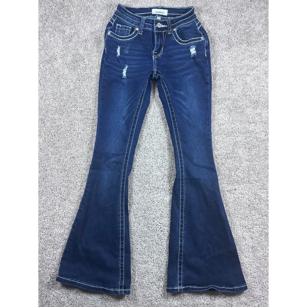 Bamboo Jeans Girls Size‎ 00 Dark Wash Distressed Flare Leg White Stitch Accents